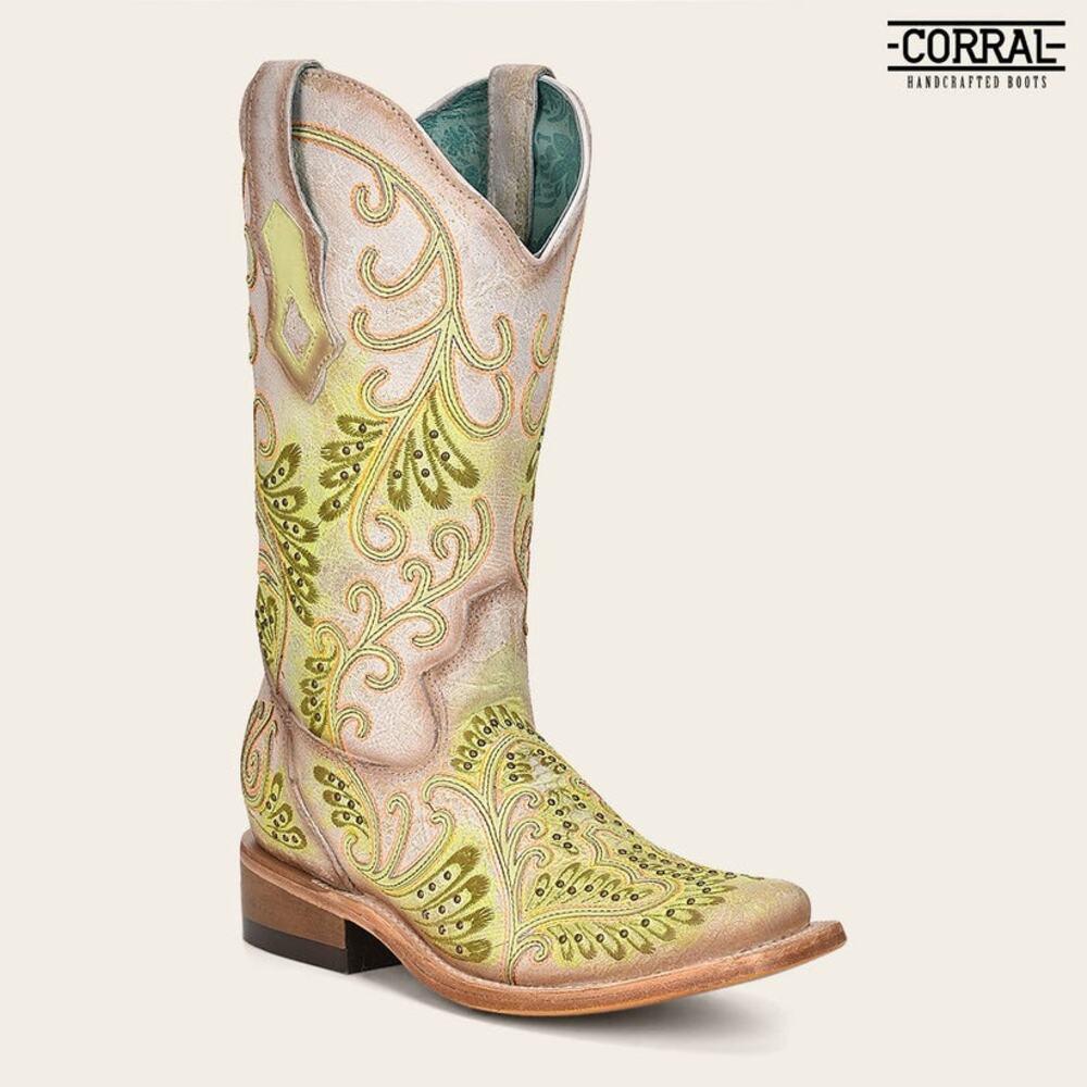 NEW Corral White Green Neon Glow Embroidered Studded Square Toe Western Boots 7B